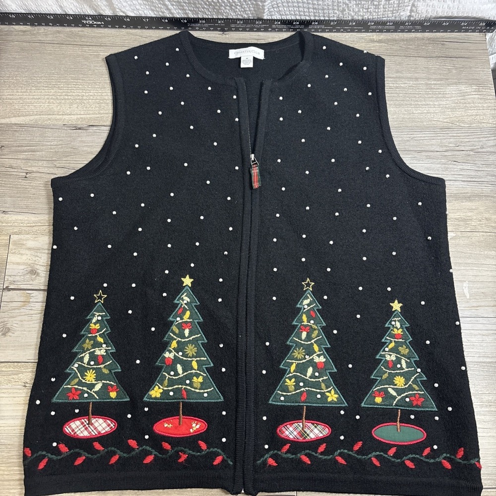 Vintage M Women's Charter Club Black 100% Wool Christmas Zip Up Sweater Vest